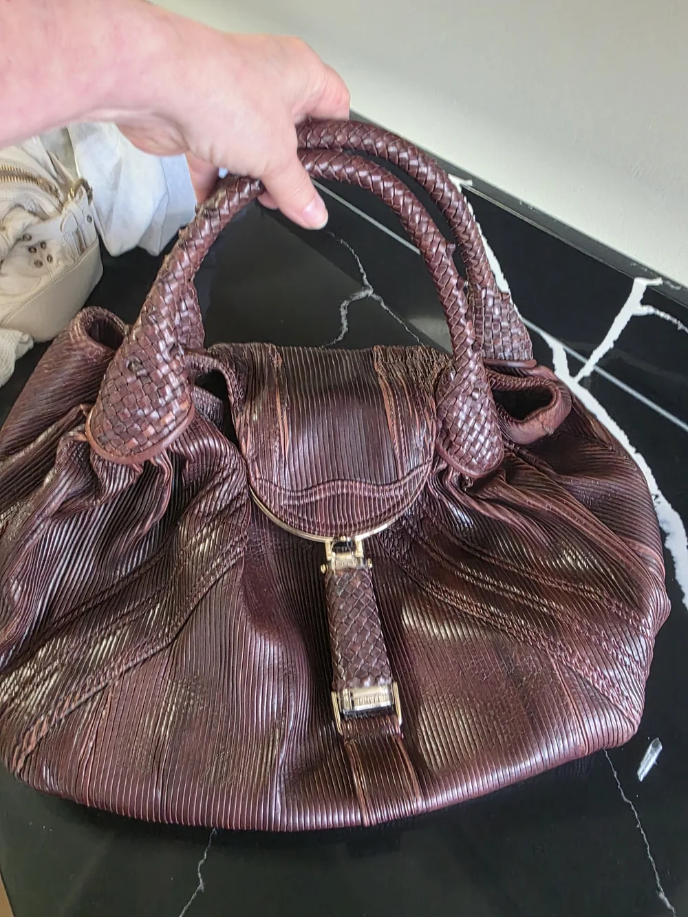 Women's Braided Handle Leather Tote Bag in Deep Plum